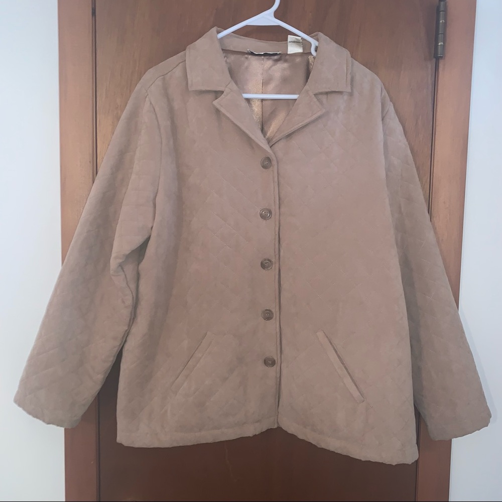 Women’s Large (L) LEMON GRASS Tan Washable Suede Lined Button Up Quilted Coat EC